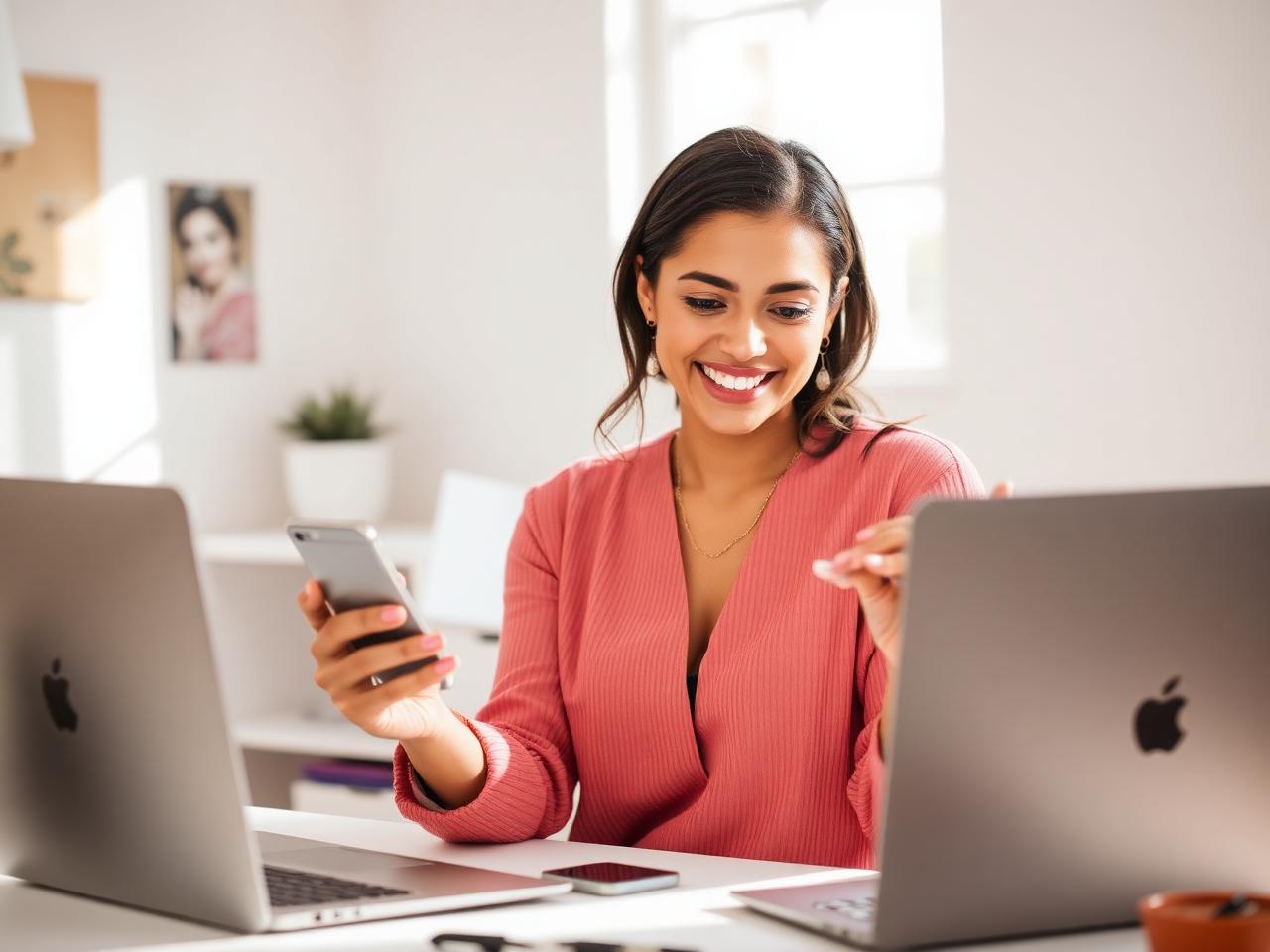 Empreendedora criando conteúdo no celular